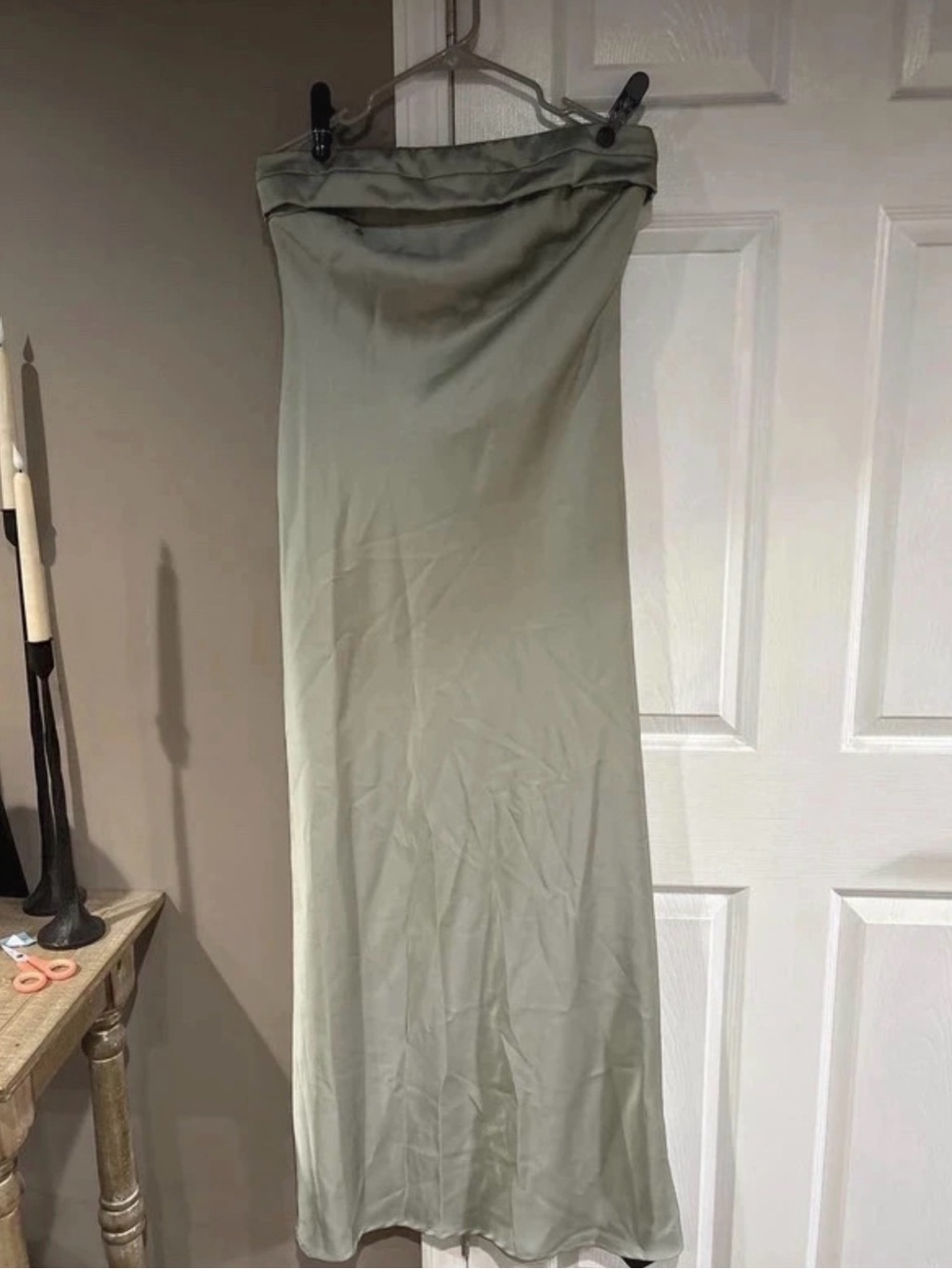 Satin Maxi dress open back in Sage Green